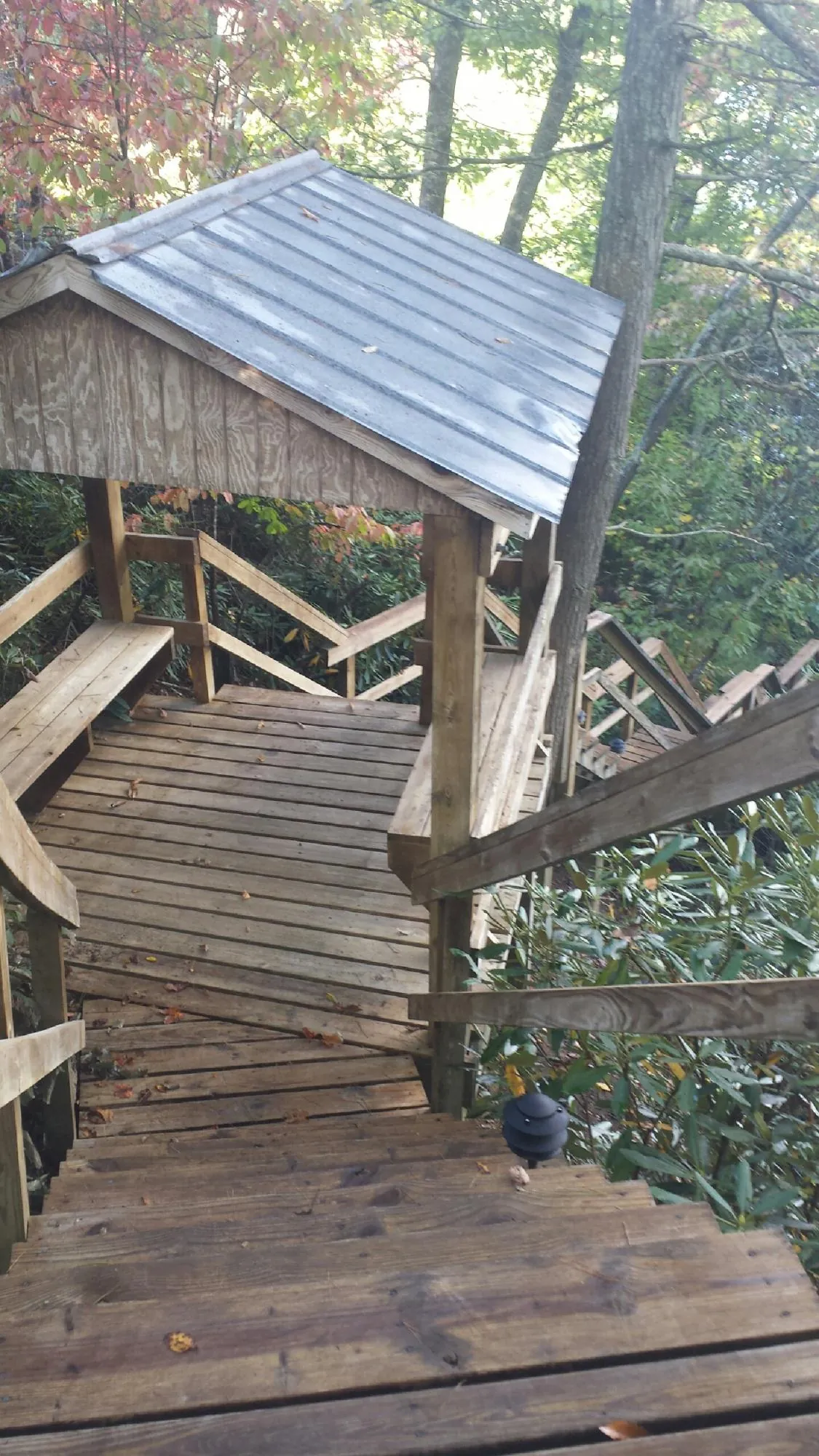 Metal roofed shelter over wooden steps on a wooded walkway — Skylight Repair & Installation work by our crew in Clovis